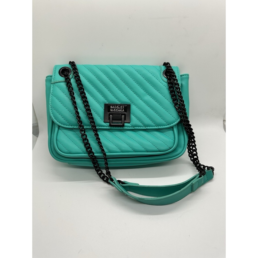 Badgley Mischka Quilted Crossbody Bag Shoulder Purse Vegan Leather ‎ Aqua Green